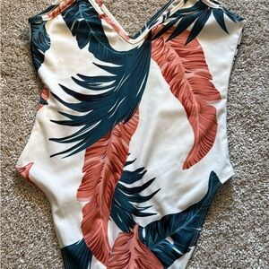 SHEIN Tropical Leaf Print Bodysuit - Coral and Teal